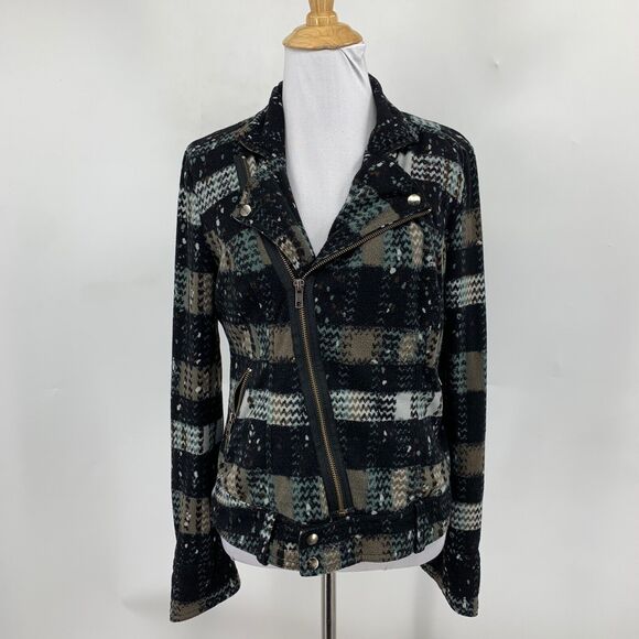 Free People Jacket Womens 6 Multi Plaid Splatter Knit Moto Asymmetric Zip Lined - Picture 2 of 13